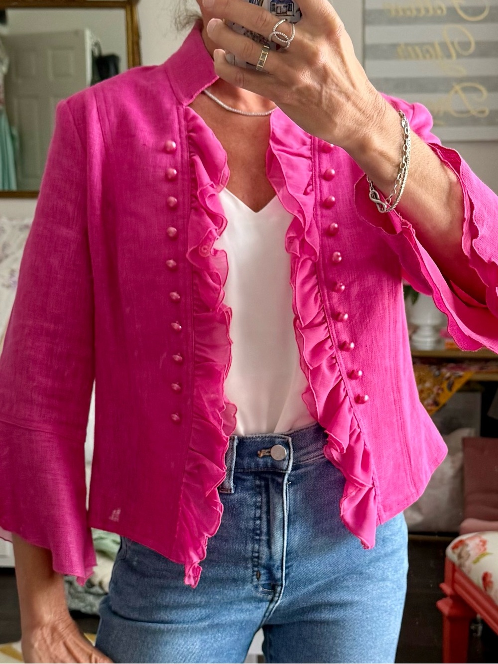 🩷 Fuchsia Linen Ruffle Open Front Jacket Bell Sleeve Pearl Trim Boho